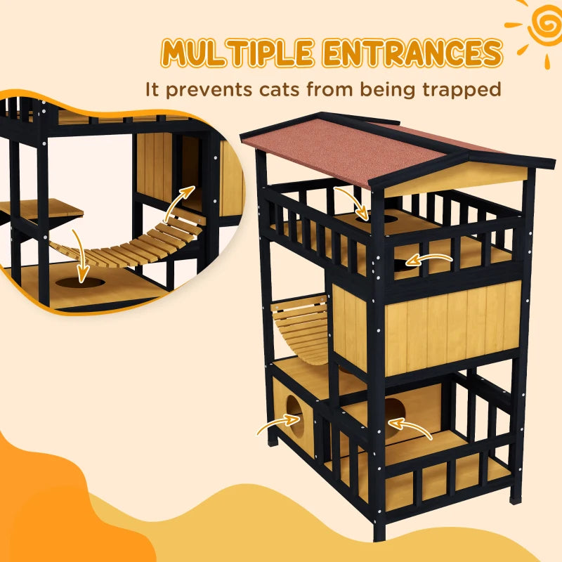 Wooden Cat House with Bridge & Balcony - 4-Tier Outdoor Design