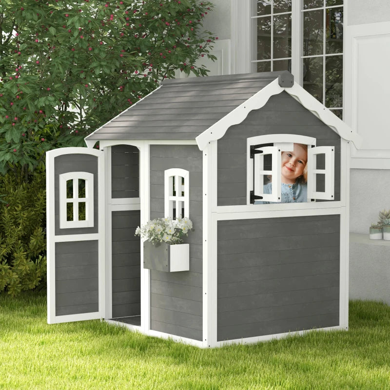 Grey Kids Wooden Playhouse with Doors, Windows, Plant Box - Ages 3-8