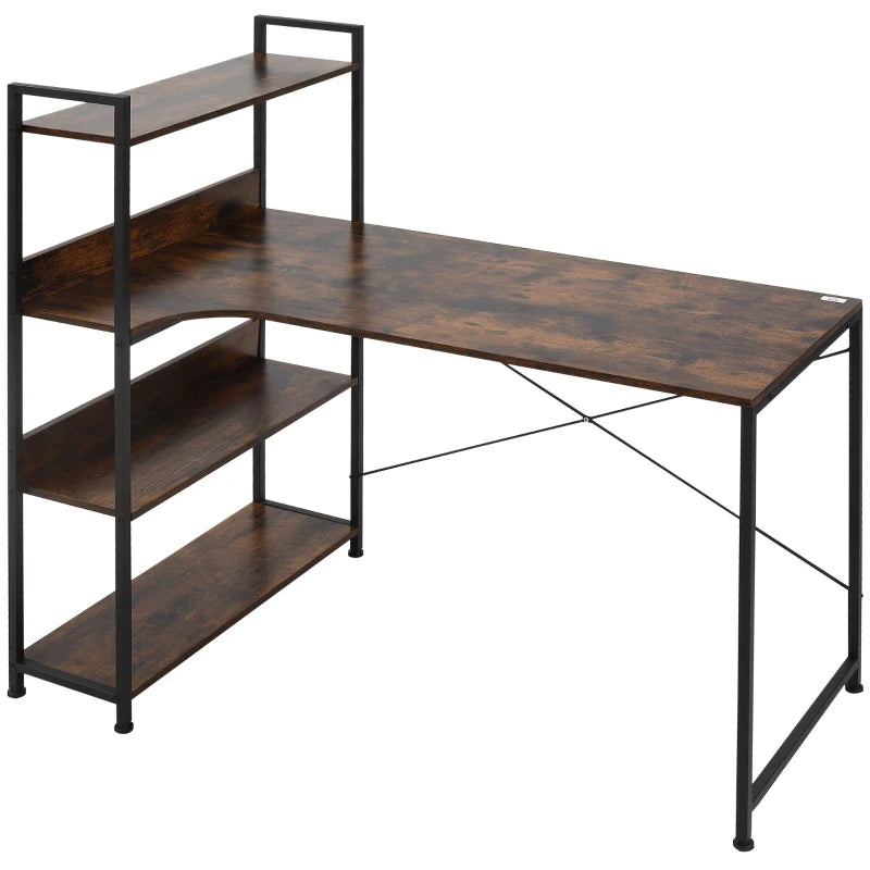 Brown 4-Tier Storage Computer Desk with Bookshelf, Metal Frame - 120 x 70 x 120cm