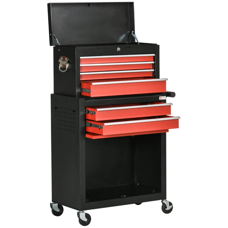 6-Drawer Black and Red Tool Cart with Wheels and Lockable Cabinet