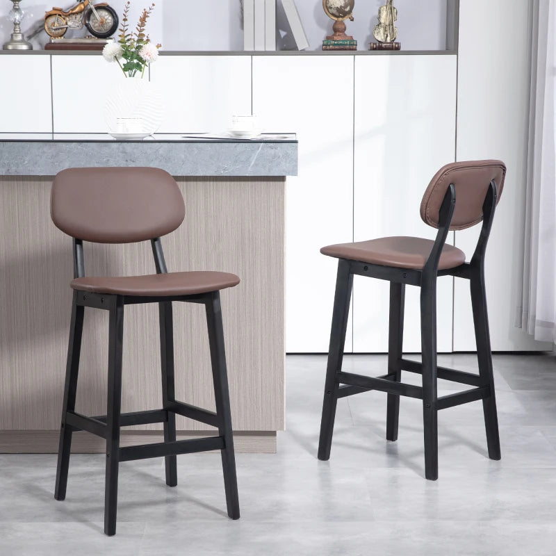 Brown Faux Leather Breakfast Bar Stools Set of 2 with Backs and Solid Wood Legs