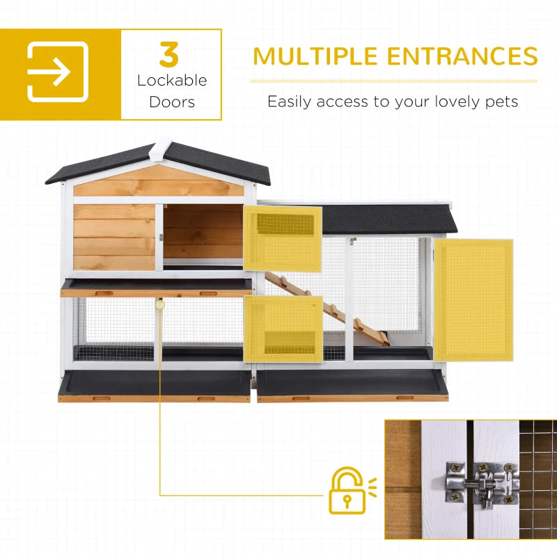 Yellow 2 Tier Rabbit Hutch with Run, Outdoor Pet Cage, 157.4 x 53 x 93.5cm