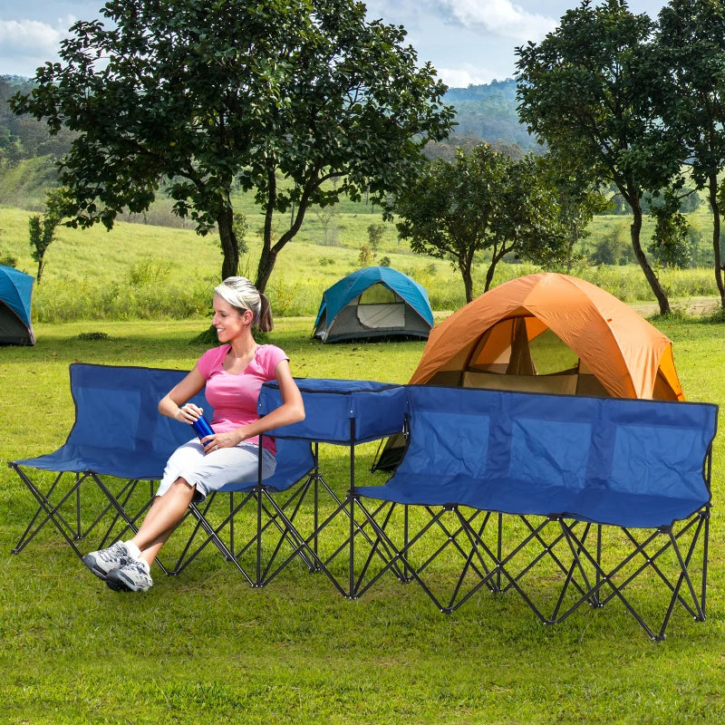 Blue 6-Seater Folding Steel Camping Bench with Cooler Bag