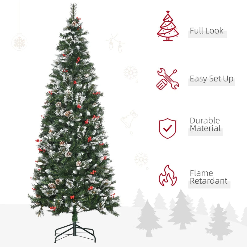 7 Ft Snow Dipped Slim Pencil Christmas Tree with Realistic Branches, Pine Cones, Red Berries - Green