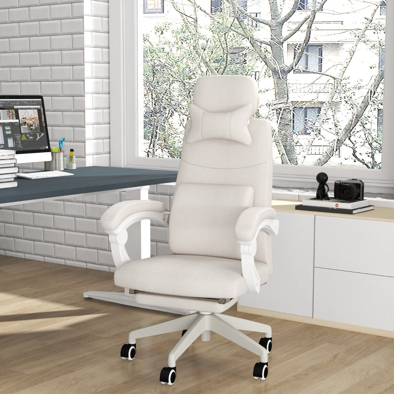 White Linen-Look Office Chair with Reclining Back and Footrest