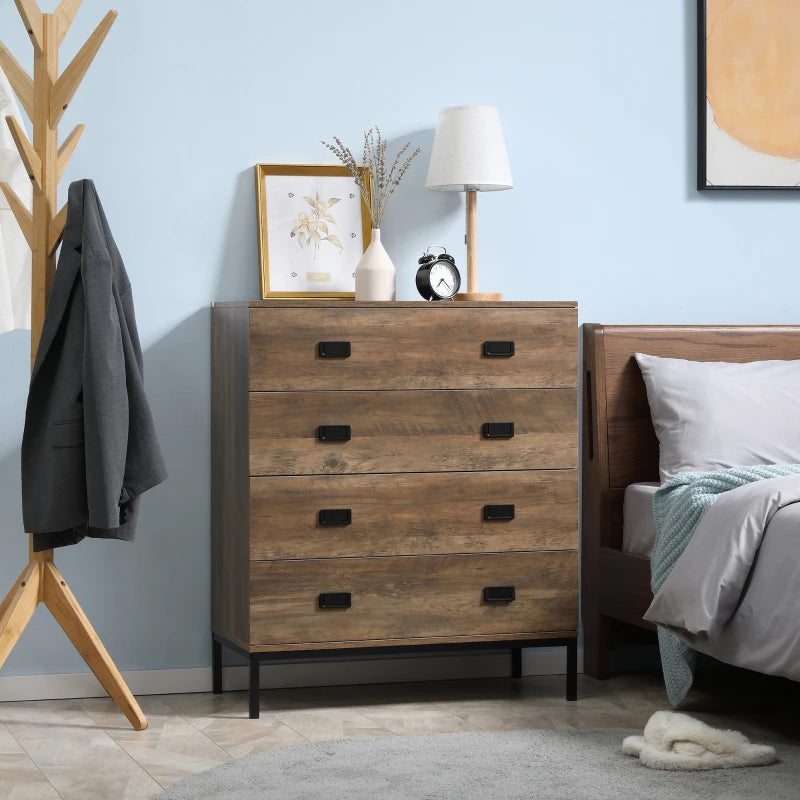 Brown 4-Drawer Metal Frame Storage Chest for Bedroom & Living Room