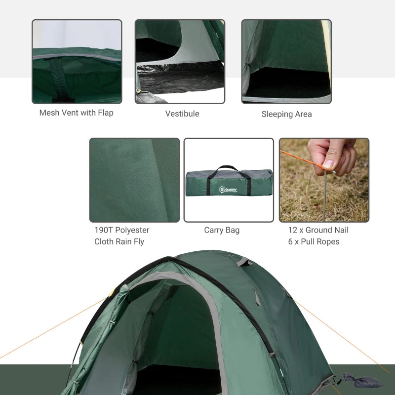 Green 3-4 Person Family Dome Tent with Large Windows - Waterproof