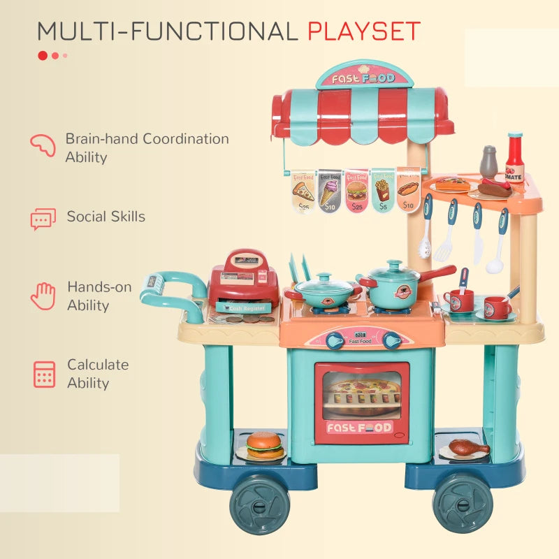 Kids Fast Food Trolley Cart Playset - Blue Pretend Play Kitchen Set