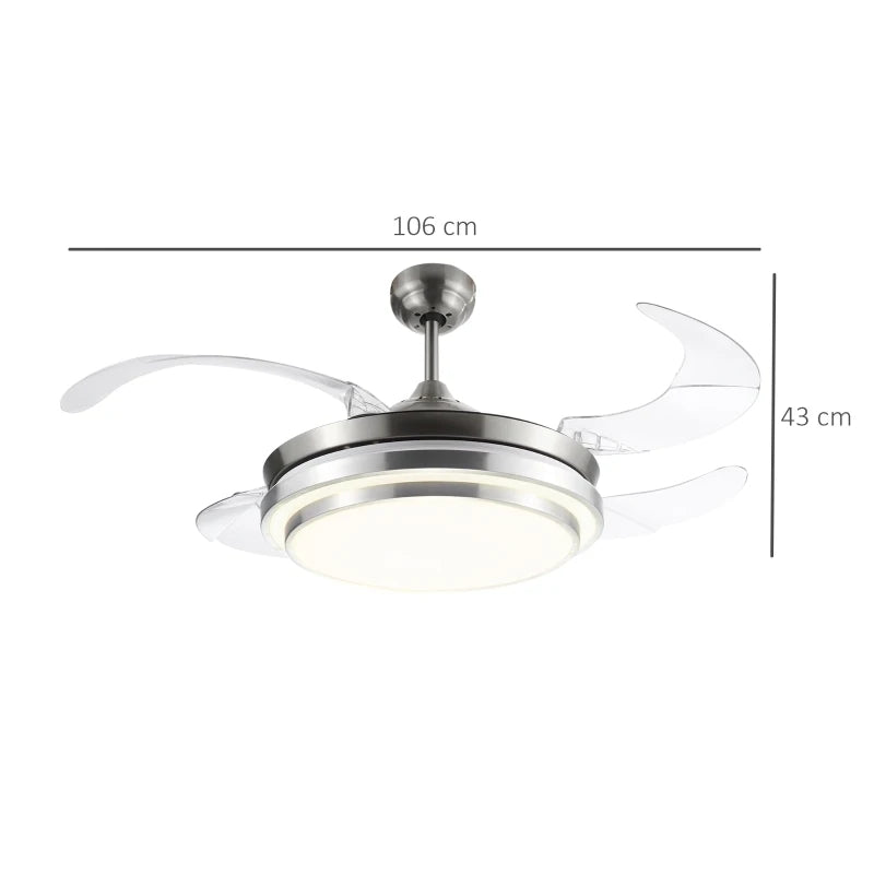 Modern White Ceiling Fan with Retractable Blades and Dimmable LED Light