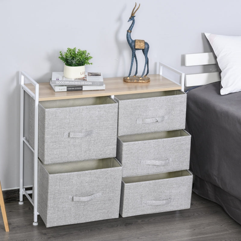 Grey 5-Drawer Linen Basket Storage Unit with Shelf - Metal Frame, Adjustable Feet