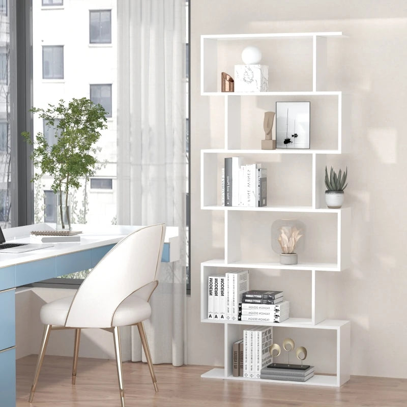 White Wooden S-Shaped 6-Shelf Room Divider Bookcase