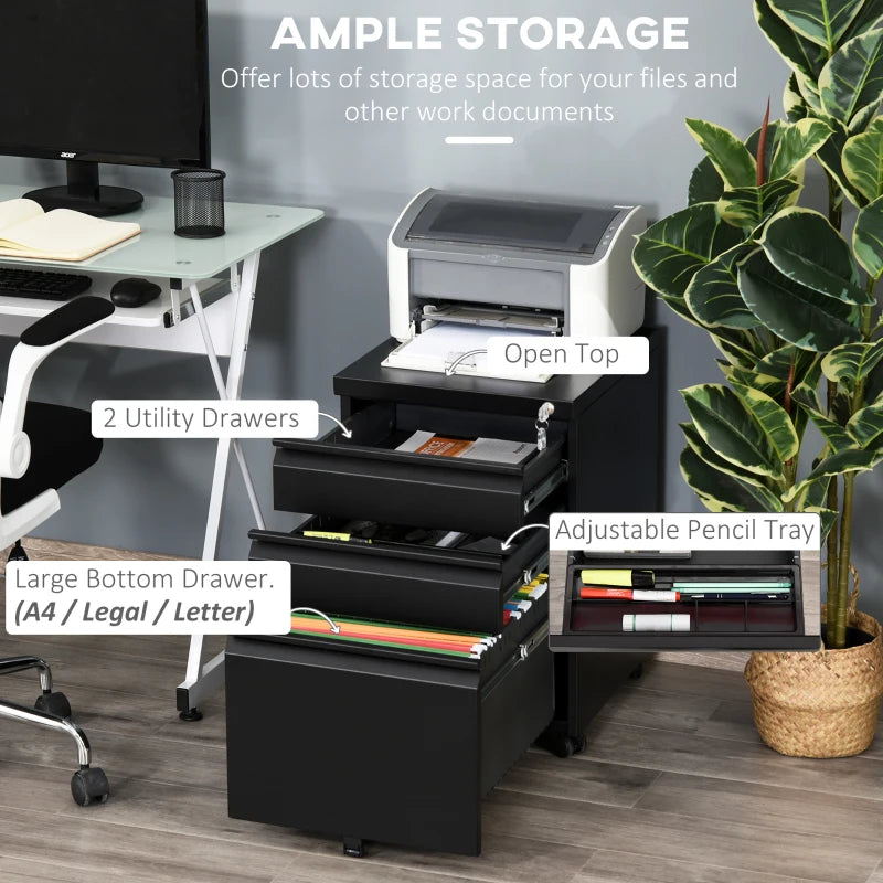 Black 3-Drawer Lockable Metal File Cabinet for Letter A4 Legal Size