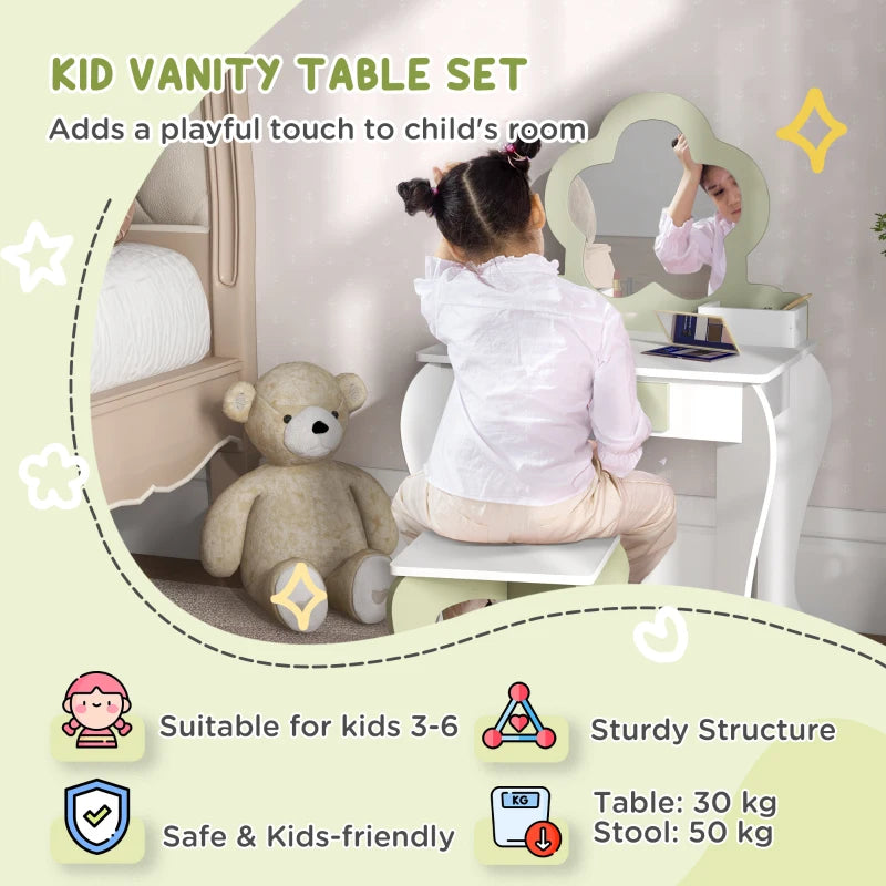 Kids White Vanity Table Set with Mirror, Stool, Drawer, and Flower Design