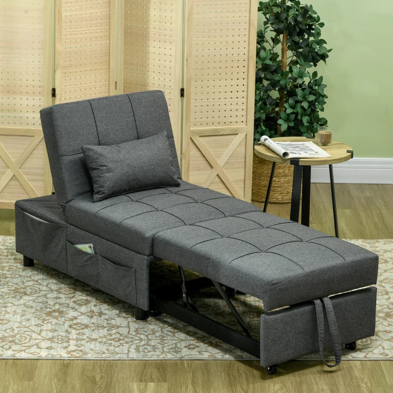 Grey Convertible Chair Bed with Adjustable Backrest and Side Pocket