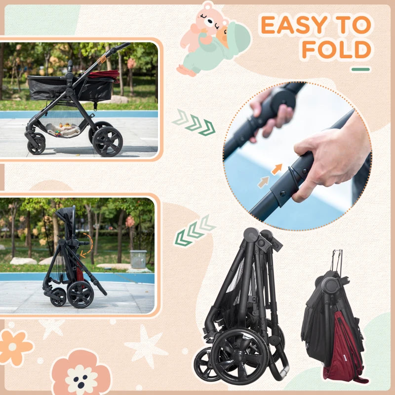 Red Foldable Baby Stroller with Reclining Backrest and Adjustable Canopy