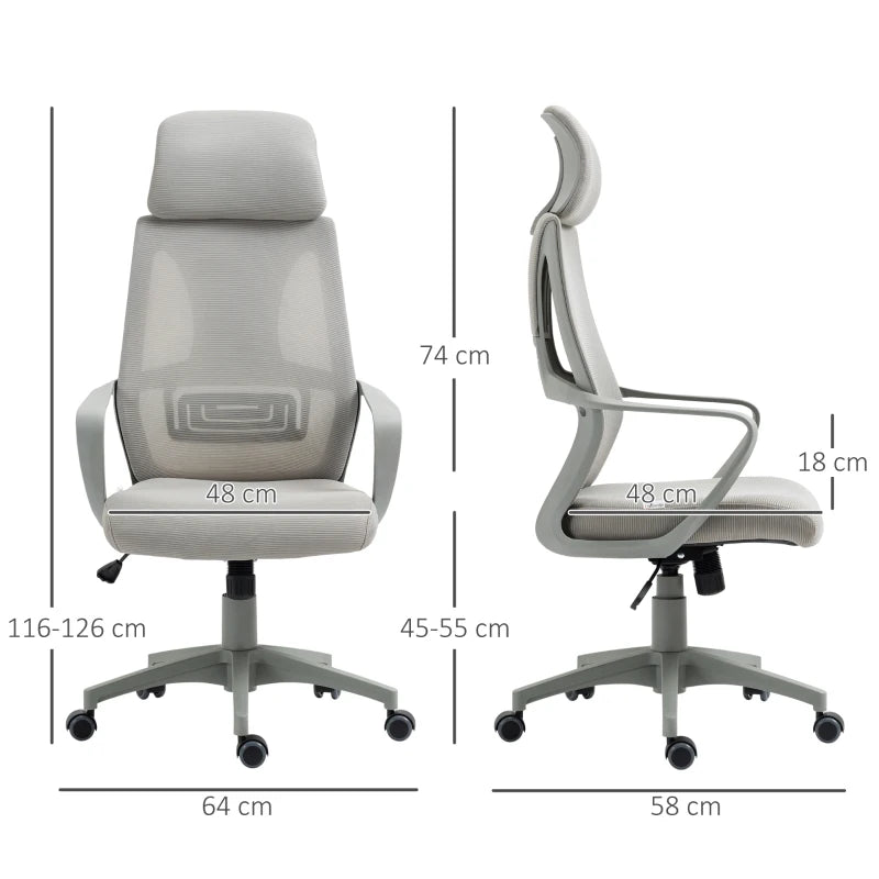 Grey Ergonomic Mesh Office Chair with Lumbar Support & Headrest