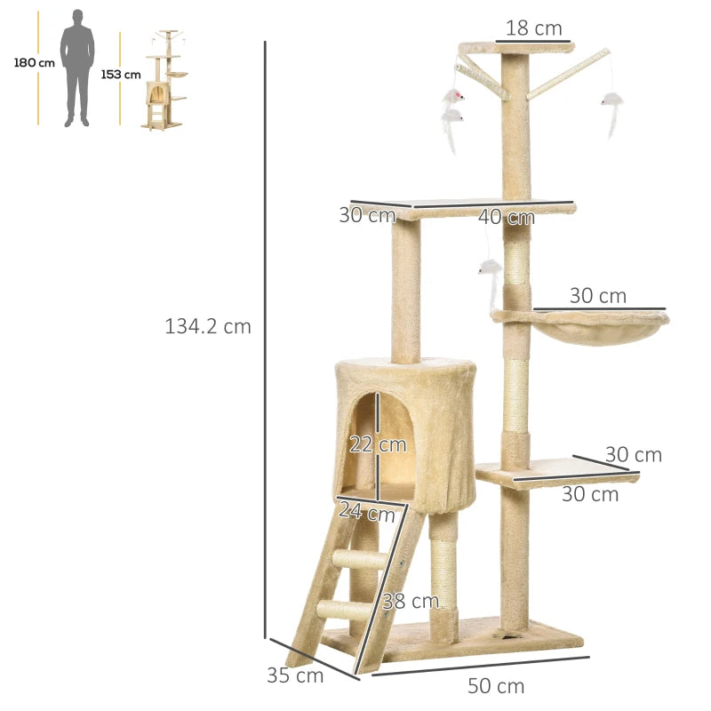 Beige Cat Climbing Tower with Scratching Post - 135cm