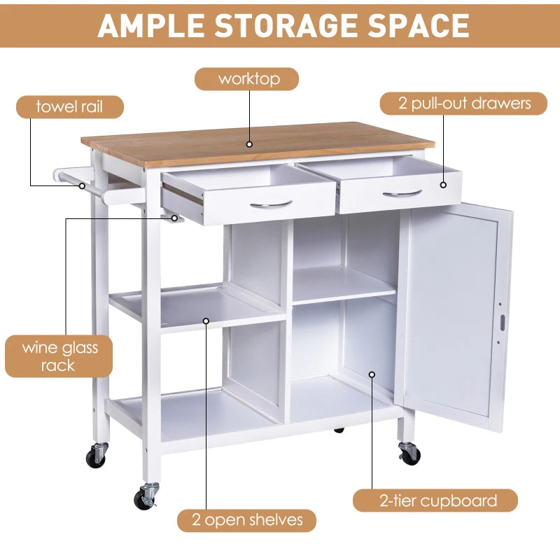 White Kitchen Storage Trolley Cart with Drawers and Wine Glass Rack