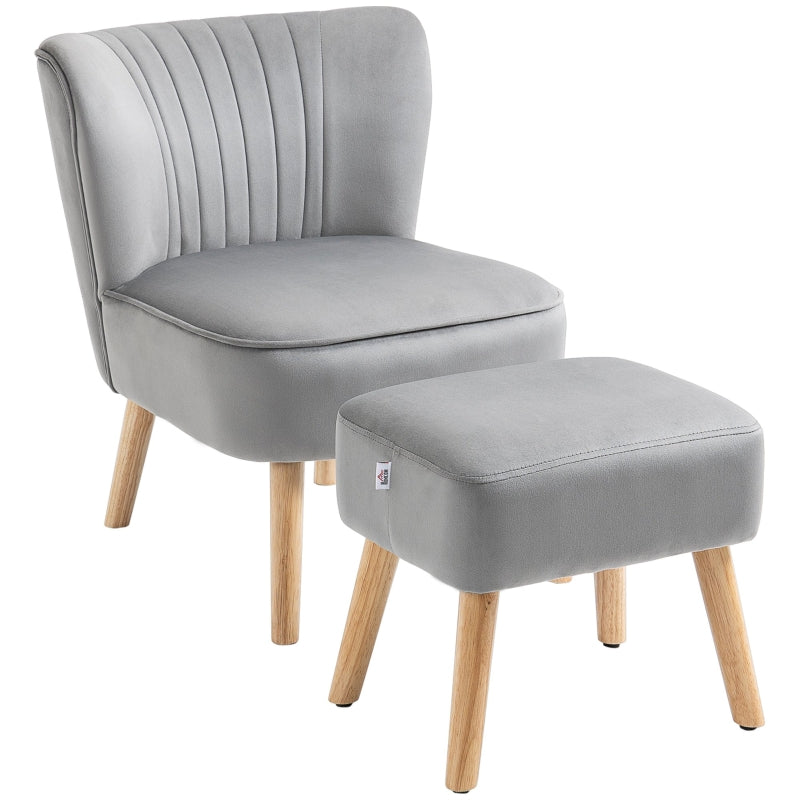 Light Grey Velvet Accent Chair with Ottoman - Curved Back, Wood Frame Legs