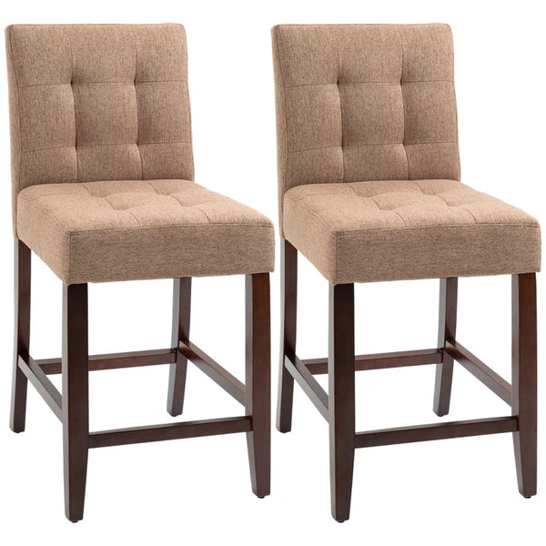 Brown Fabric Bar Stools Set of 2, Tufted Back, Wood Legs