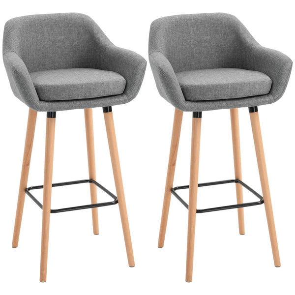 Grey Upholstered Bar Stools Set of 2 - Modern Metal Frame, Solid Wood Legs