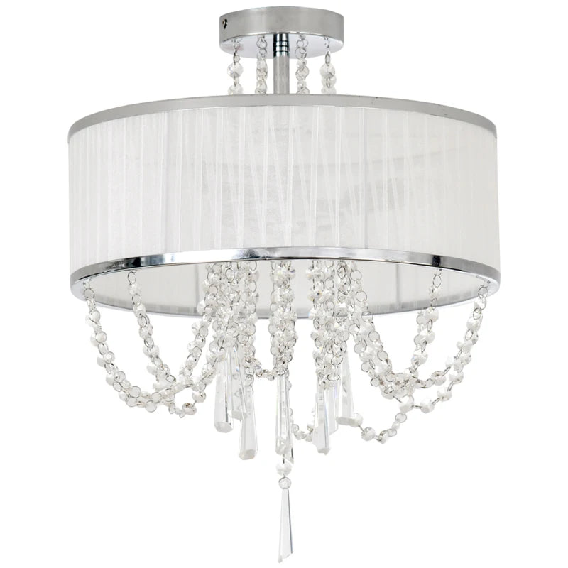 White Fabric Chandelier with Crystal Pendants for Home Decor