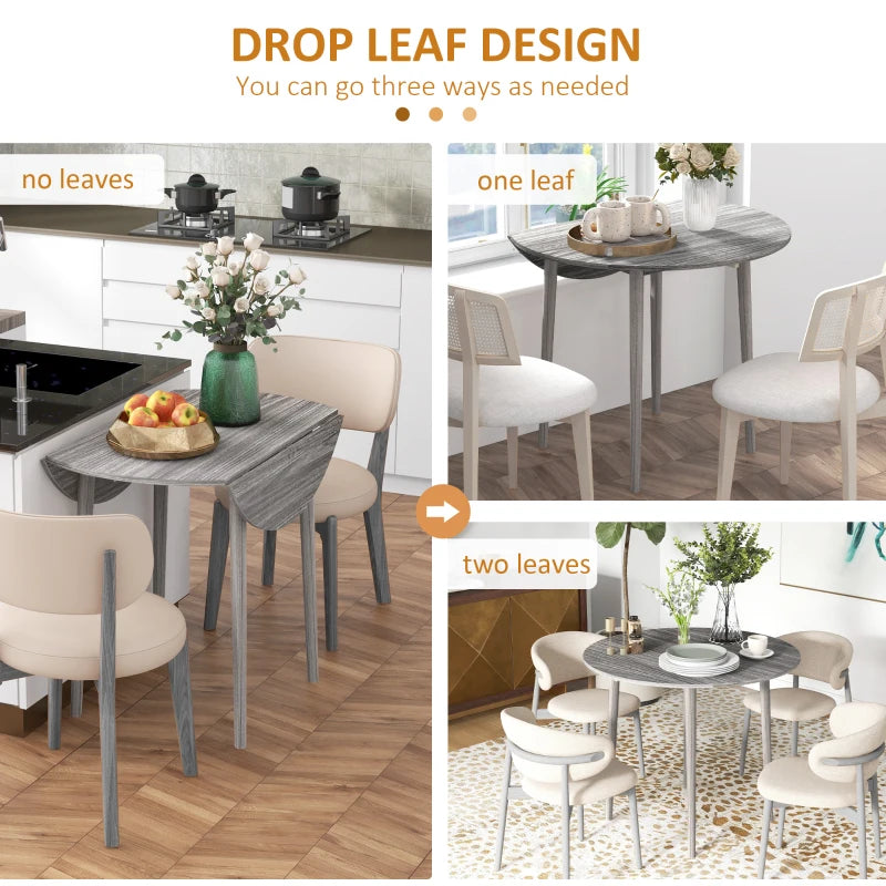 Grey Round Drop Leaf Dining Table for 4, Modern Space Saving Kitchen Table