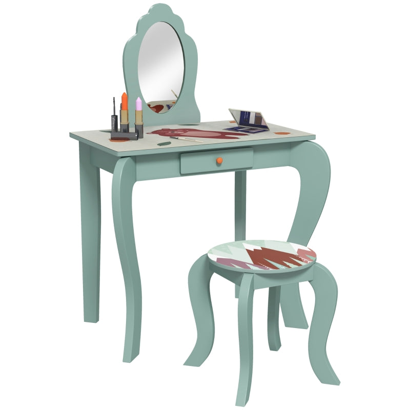 Green Kids Dressing Table Set with Mirror, Stool, Drawer - Cute Animal Design