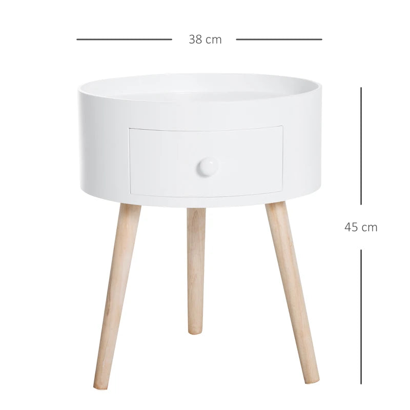 White Round Side Table with Drawer and Wood Legs