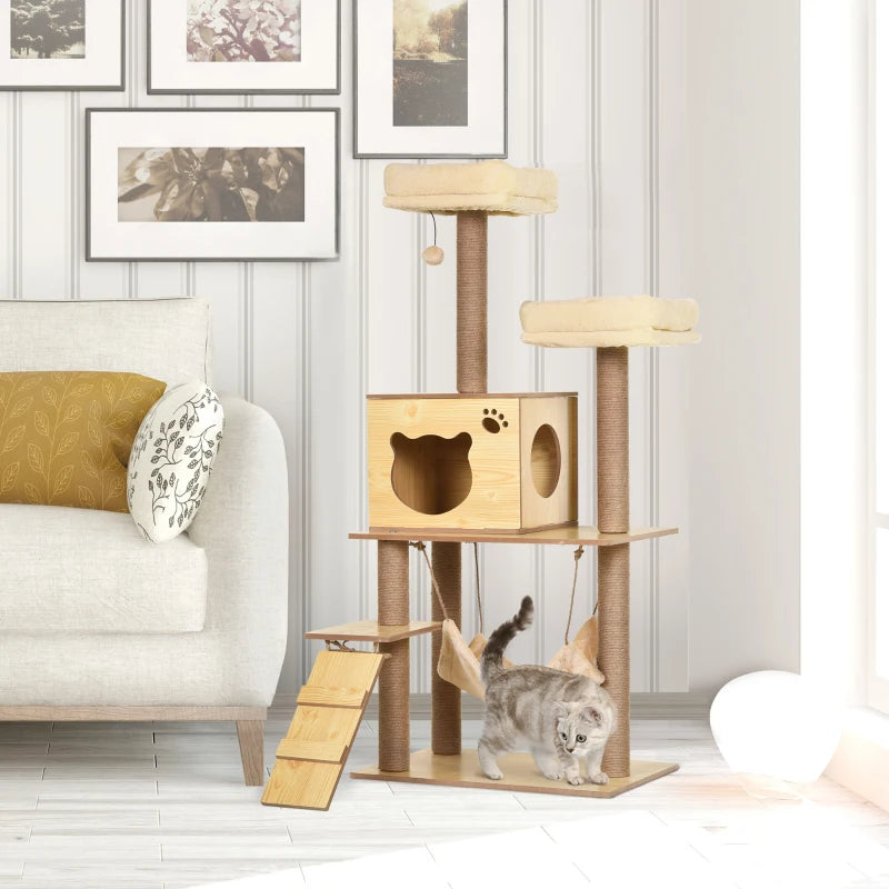 130cm Grey Cat Tree with Scratching Posts, Perches, House & Hammock