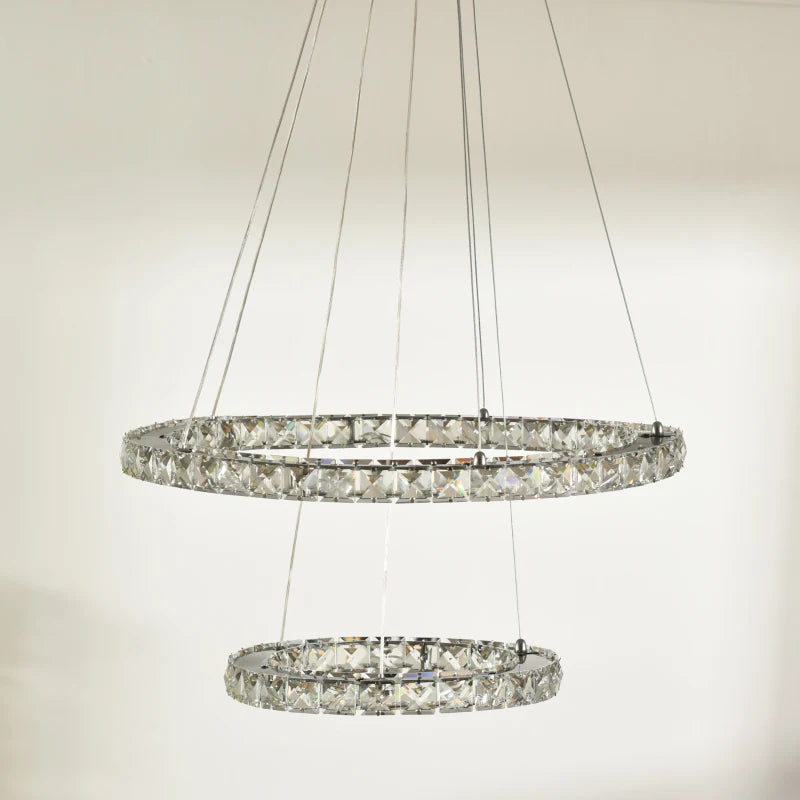 Silver LED Crystal Ring Chandelier - Dimmable Pendant Light with Remote Control