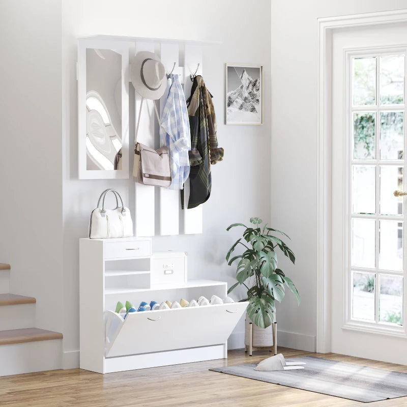 White Shoe Storage Chest with Mirror, Shelves, and Hooks