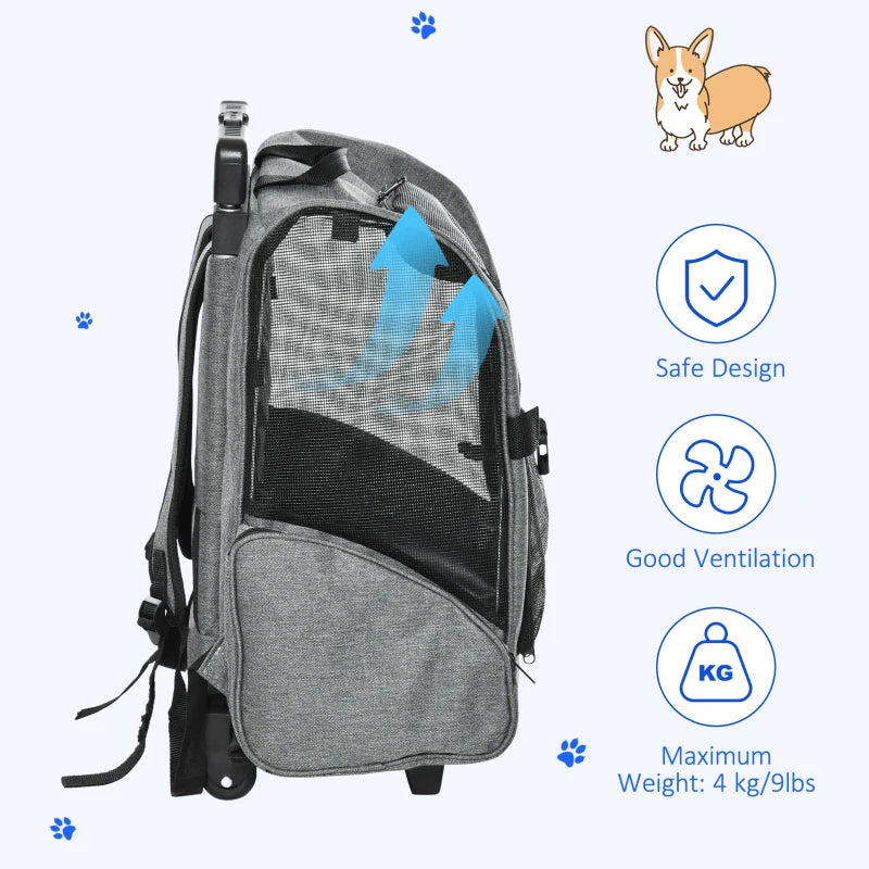 Grey Pet Travel Backpack with Trolley and Telescopic Handle