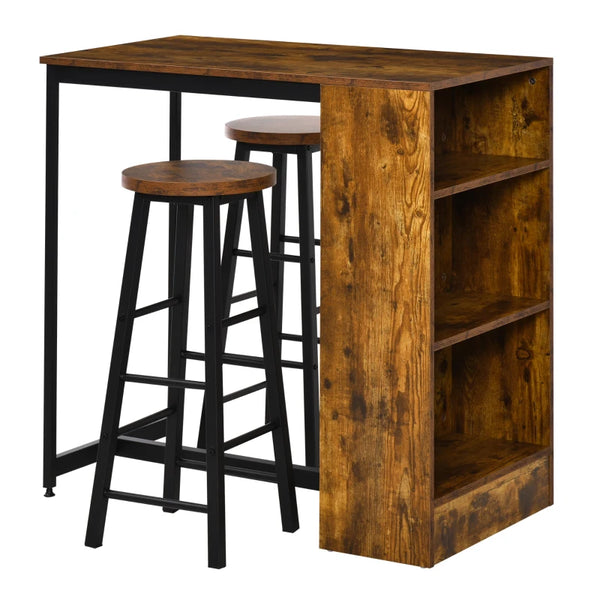 Rustic Brown 3-Piece Industrial Bar Table Set with Storage Shelf