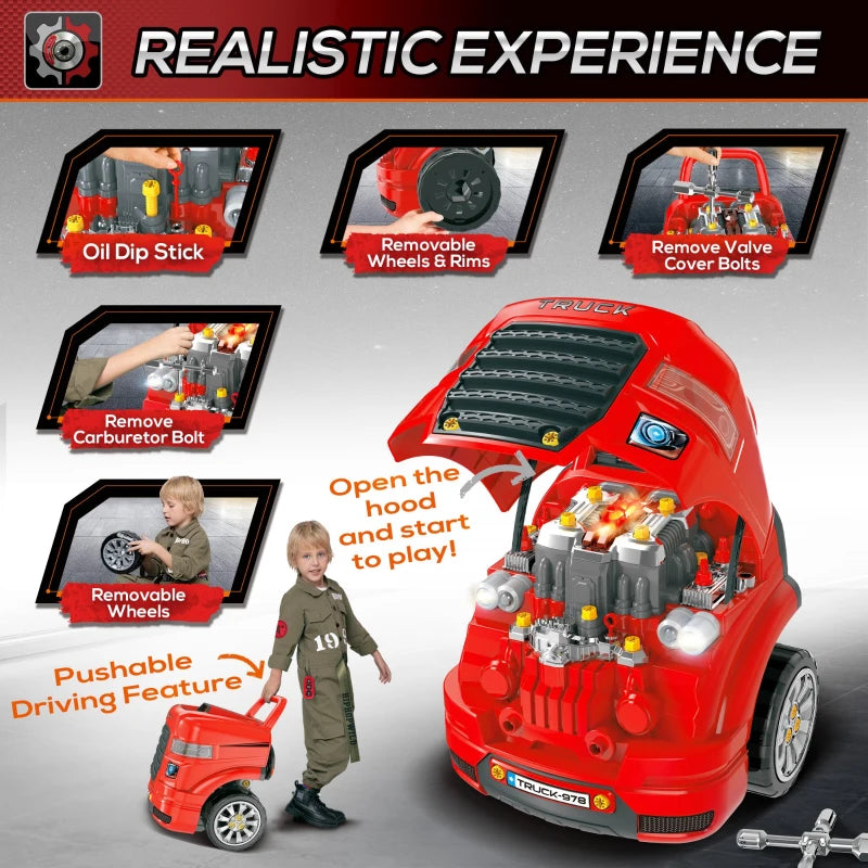 Red Kids Truck Engine Toy Set with RC Car Key