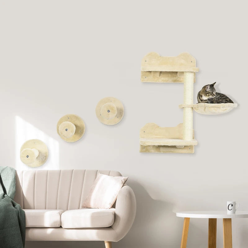 Beige Wall-Mounted Cat Tree with Scratching Post - 4 Piece Cat Shelf