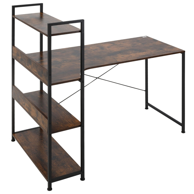 Brown 4-Tier Storage Computer Desk with Bookshelf, Metal Frame - 120 x 70 x 120cm