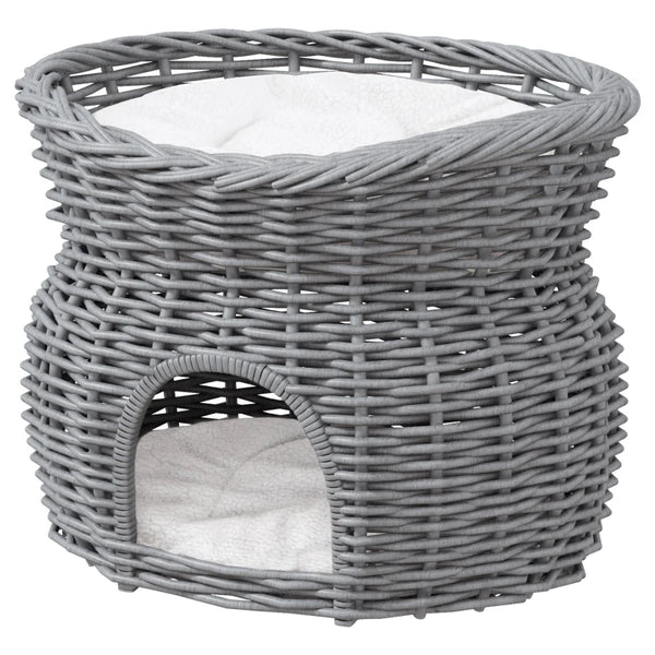 Grey Wicker 2-Tier Cat House with Washable Cushions