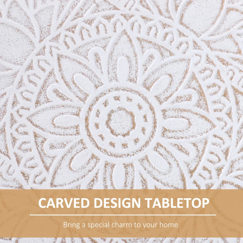 White Carved Floral Round Coffee Table Set, Tray-Style Top, Wood Legs