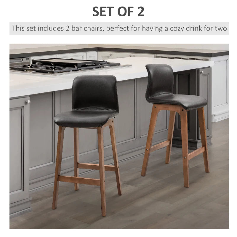 Modern Black PU Leather Bar Stools Set of 2 with Wooden Frame