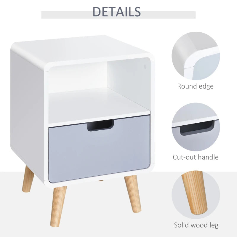 Wooden Nightstand with Drawer - White Scandinavian Style