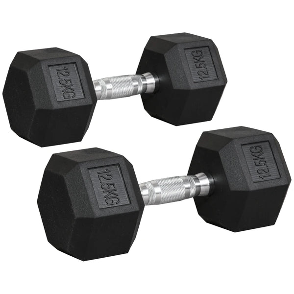 12.5kg Black Rubber Hex Dumbbell Set for Home Gym Workouts