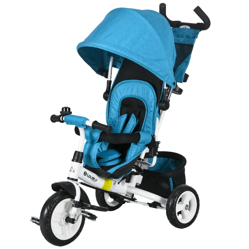 Blue 6-in-1 Kids Trike with Push Handle, Canopy, Safety Belt, Storage, Footrest, Brake