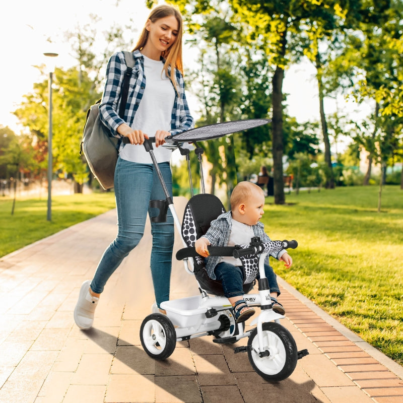 White 6-in-1 Kids Tricycle with 5-Point Harness & Canopy