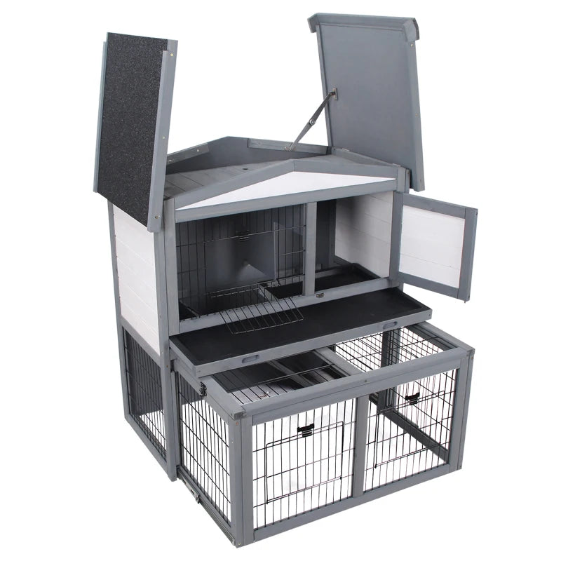 Grey 2 Tier Wooden Small Animal Hutch with Run and Ramp - 101.5 x 90 x 100 cm