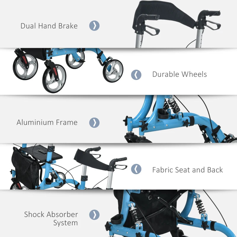 Blue Folding Rollator Walker with Seat and Large Wheels