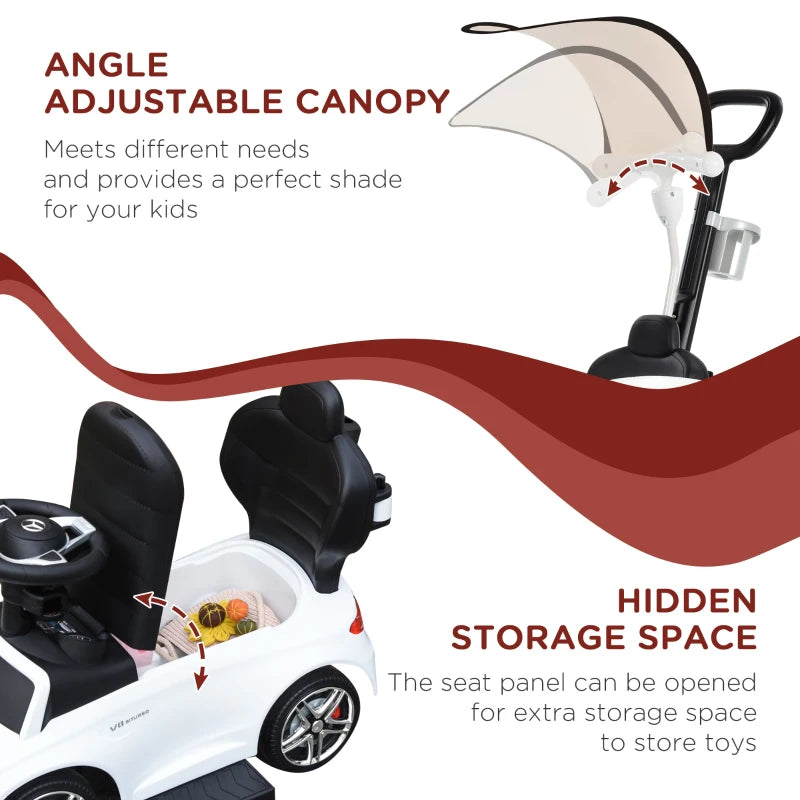 White Toddler 3-in-1 Ride-On Push Car with Canopy & Horn