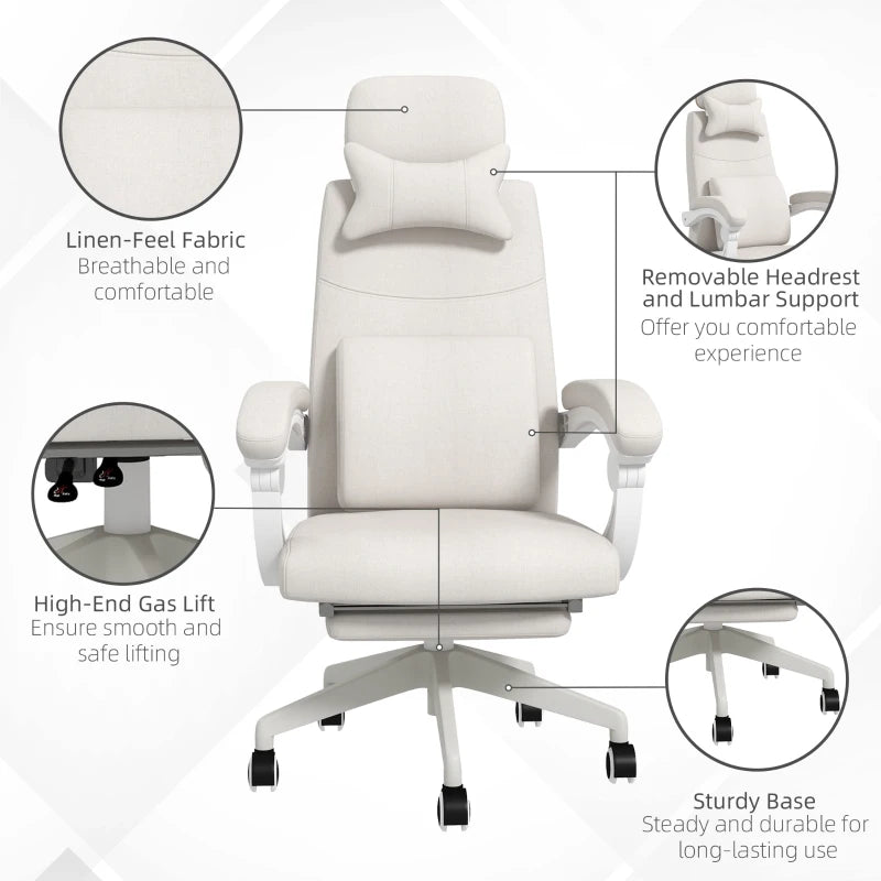 White Linen-Look Office Chair with Reclining Back and Footrest