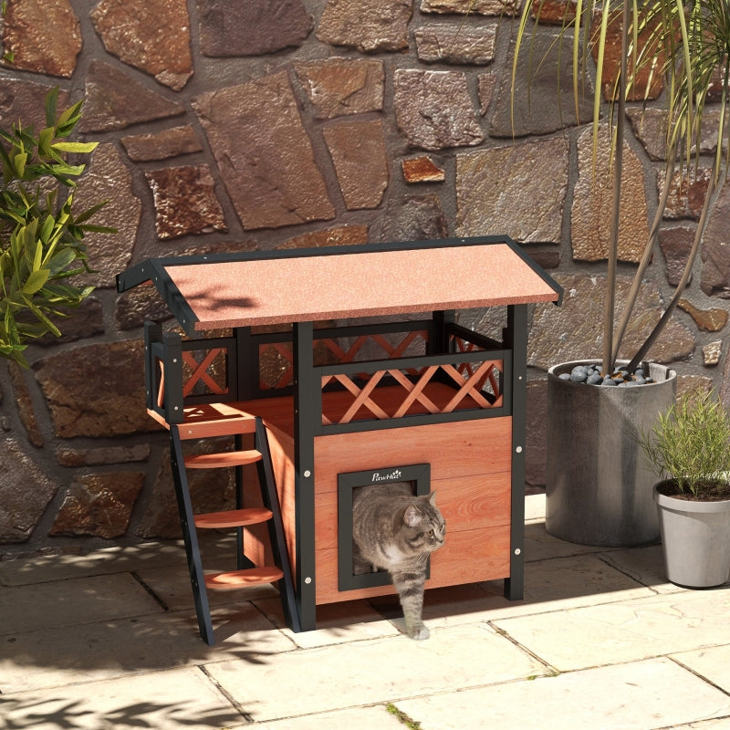 Brown Outdoor Cat House with Balcony and Stairs, 77 x 50 x 73 cm