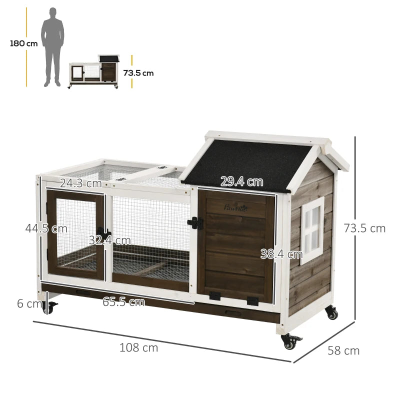 Brown Wooden Rabbit Hutch with Removable Tray and Wheels